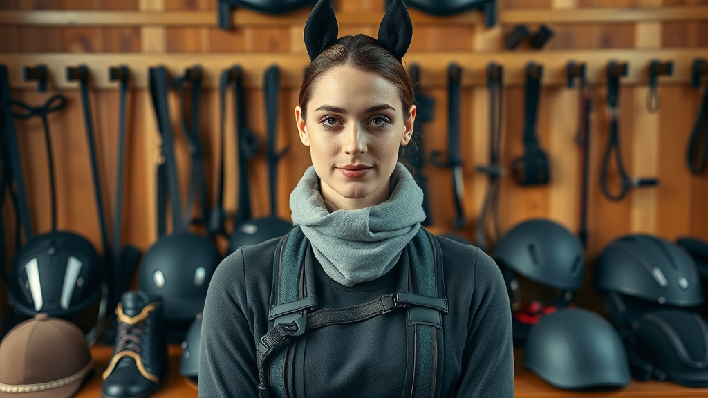 protective gear: array of modern equestrian safety gear in tack room
