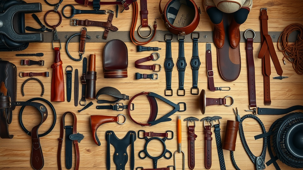 horse tack: Array of clean, organized horse tack including bridles, saddles, saddle pads, and more, displayed on a rustic wooden tack room floor. Photorealistic and vibrant.