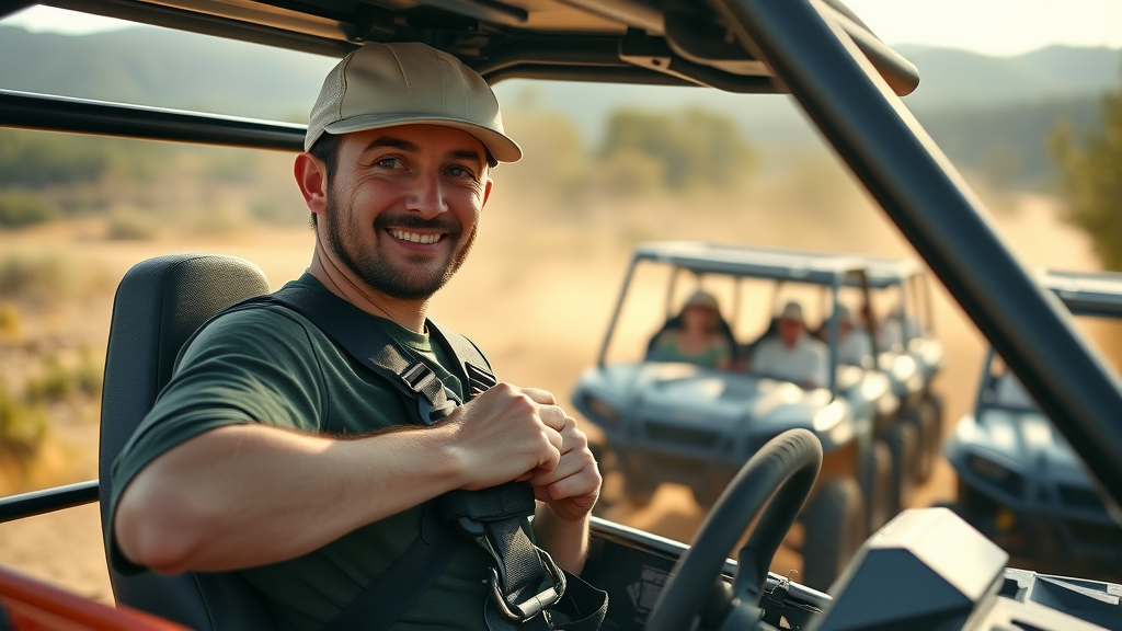 confident UTV driver buckling safety harness utv safety tips open trailhead utility terrain vehicles