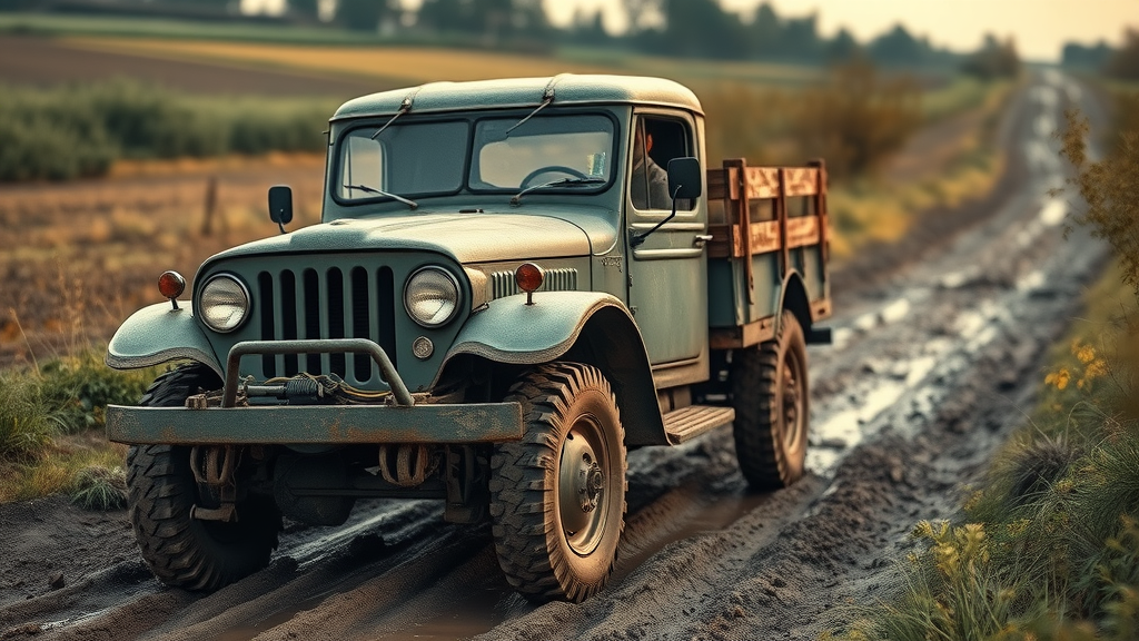 vintage off-road truck traversing muddy trail with early rugged tire design, rustic countryside