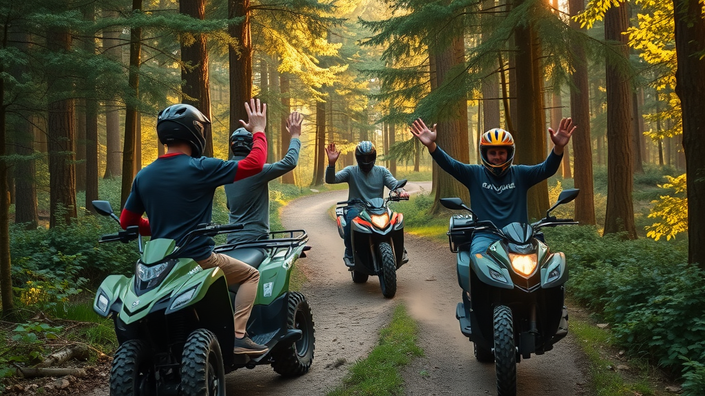 courteous atv utv motorcycle riders practicing trail etiquette on public forest using riding tips utv atv motorcycle