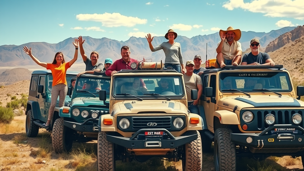 4x4 innovations: Diverse group of off-road enthusiasts gathered beside equipped 4x4s