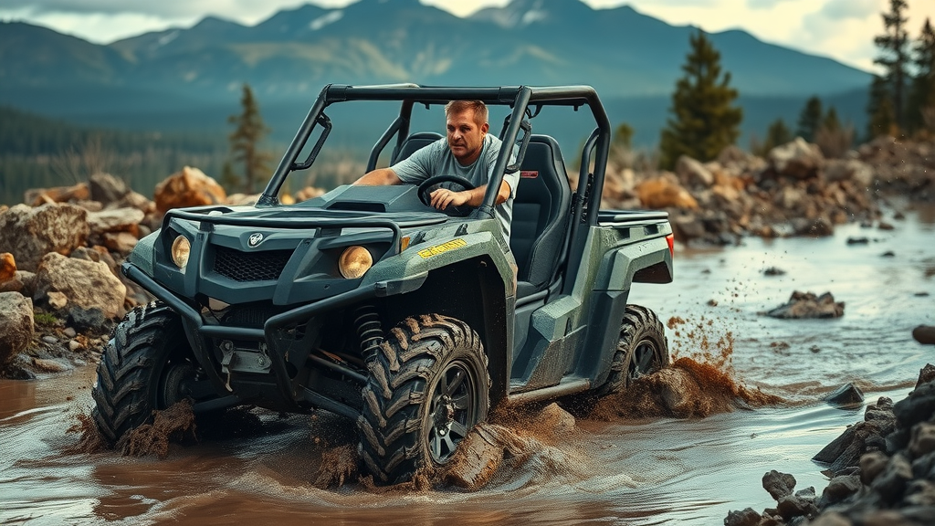 courageous UTV navigating rocky and muddy trail obstacles, shallow water crossing on challenging atv trail in forest