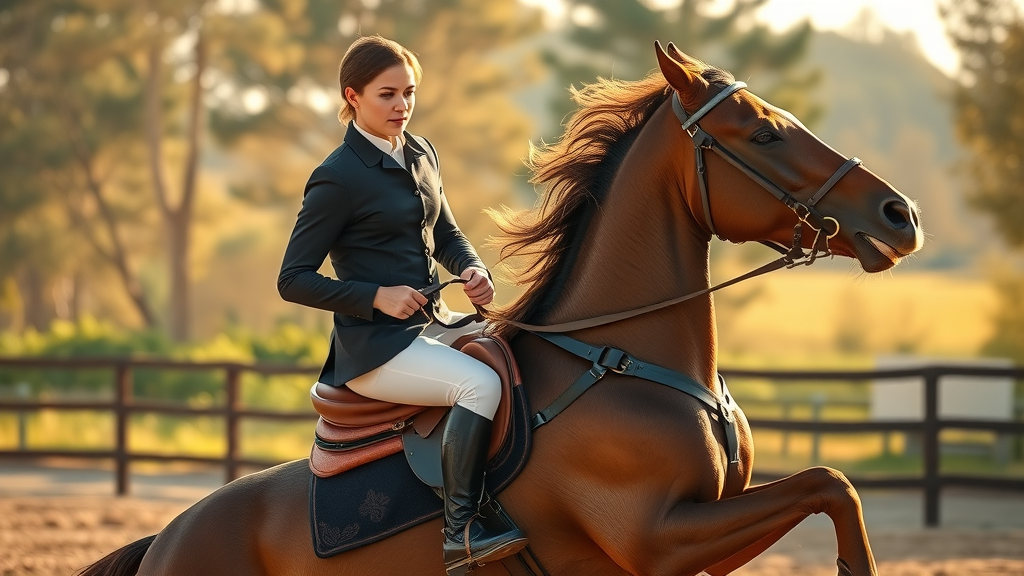 Dynamic equestrian rider improving riding balance with perfect posture in a sunlit outdoor arena, wearing fine leather tack and riding gear.
