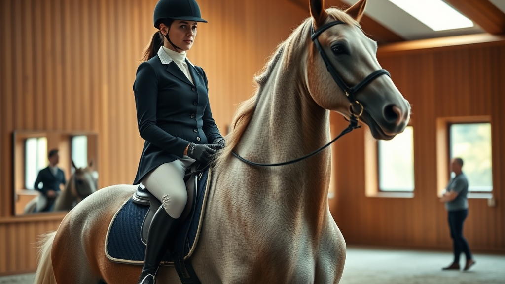 Serene indoor dressage training balancing riding posture with horse performing a precise side-step; instructor observing.