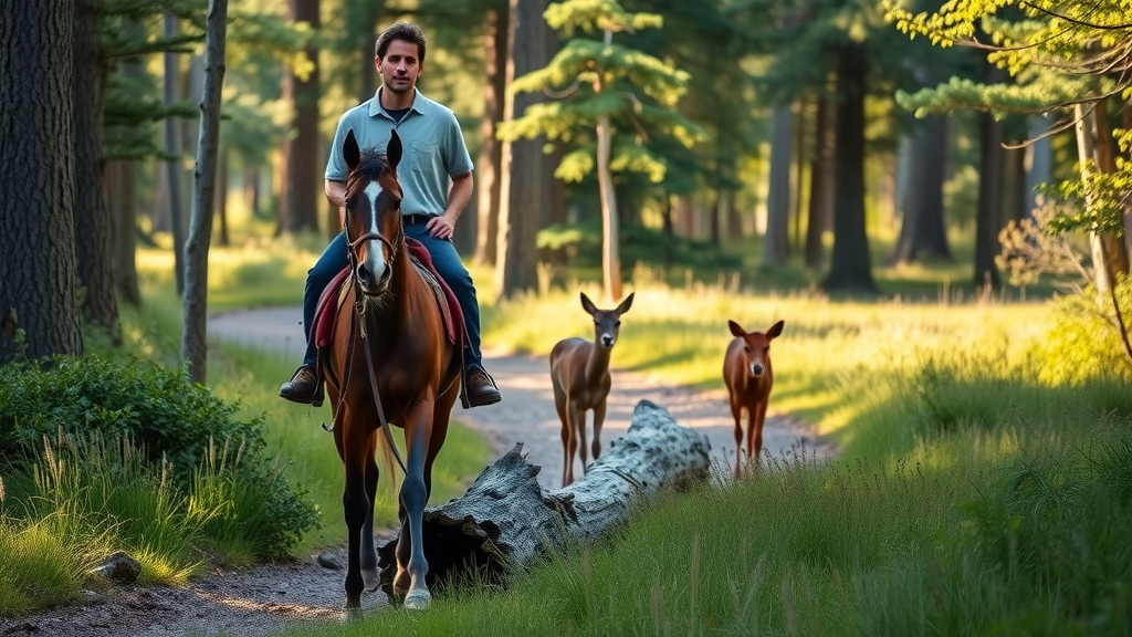 Trail riding tips: Rider guiding a horse past a log and nearby deer on forest trail