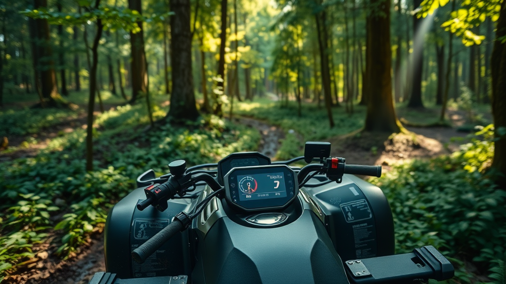 sleek electric ATV navigating a lush forest trail, highlighting clean technology and eco-friendly off road vehicle tech inovations