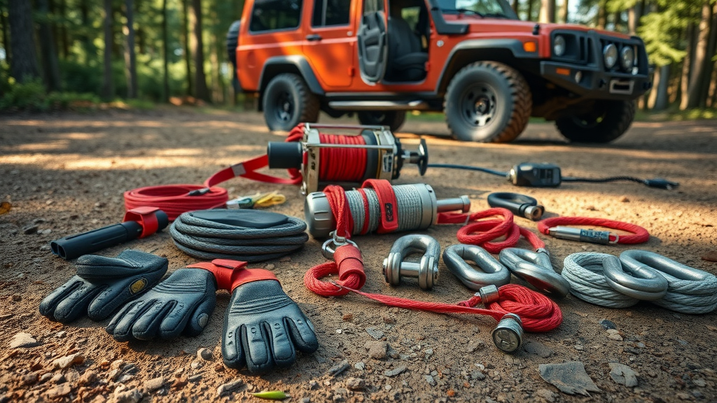 Professional off-road recovery kit, organized gear, ropes, shackles, gloves, winch, highly detailed, off-road recovery gear essentials