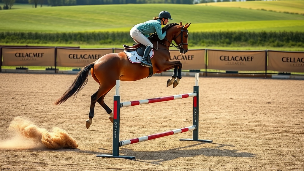 Dynamic advanced riding skills; determined rider and attentive horse over a low jump in a lifelike outdoor arena with textured sand and green fields