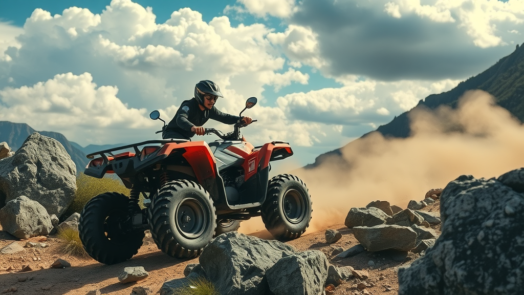 ATV rider using safe riding techniques on rocky mountain trail beginner atv riding advice