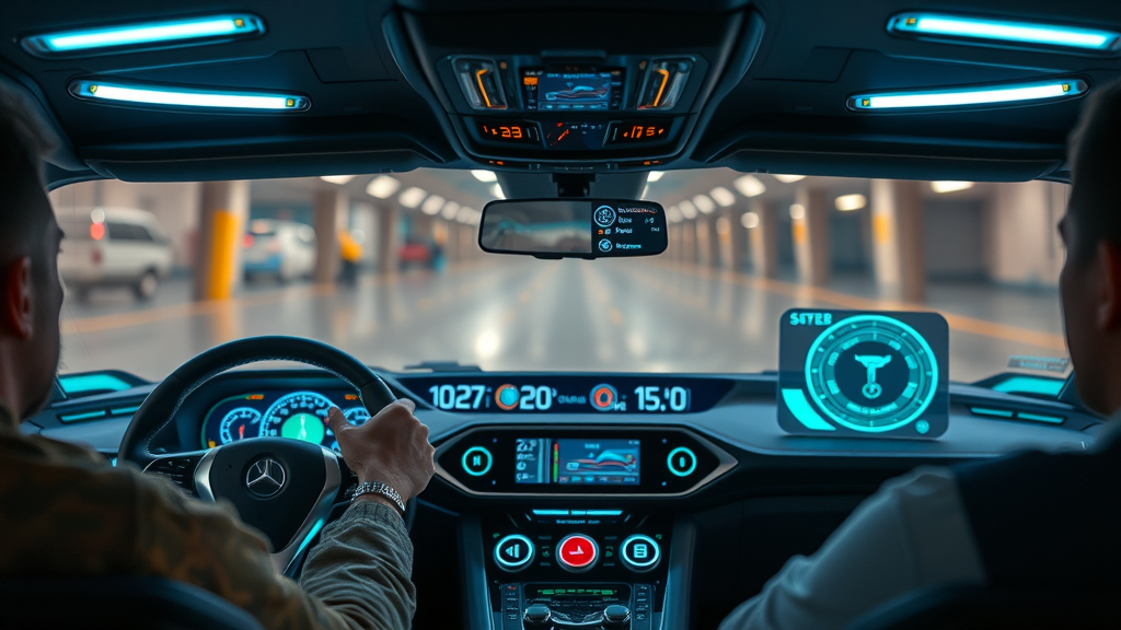 smart dashboard displaying predictive maintenance alerts in a futuristic off-road vehicle interior with blue and green lighting, showcasing real time monitoring