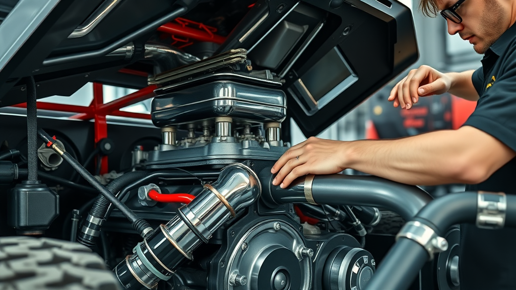 off road vehicle performance engine bay - mechanic installing custom exhaust and high-flow intake