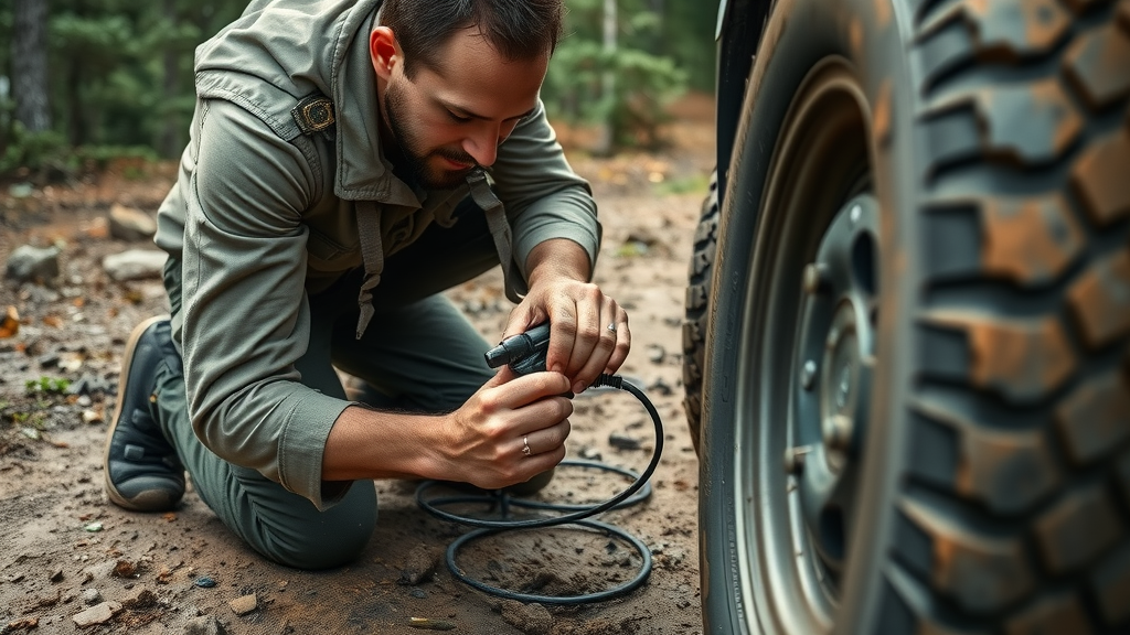 using tire deflator in muddy off-road conditions, vehicle handling, focused driver kneeling by muddy tire, forest trail with rocks