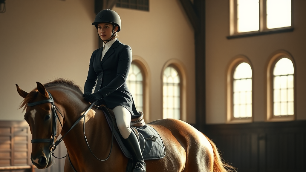 Focused advanced rider practicing riding skills: Impeccable posture and a poised, collected horse in a cinematic indoor riding hall