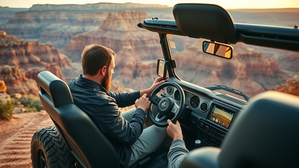 dynamic off-road vehicle with confident driver scanning large GPS touchscreen while traversing rocky hill using advanced off road navigation technology