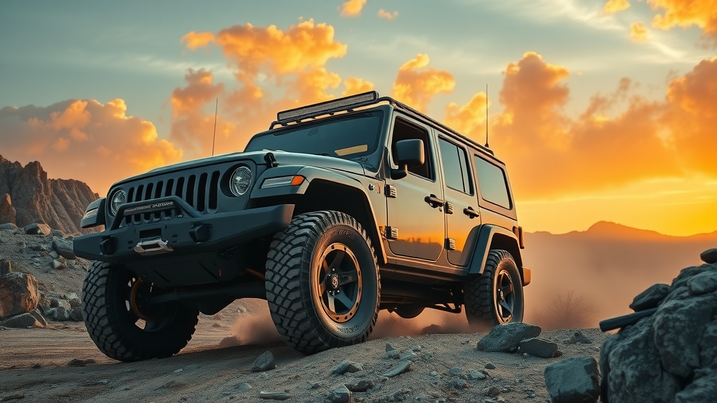 off road drivetrain innovations sunset rugged terrain, wheels spinning, high detail, metallic shine, wide-angle shot