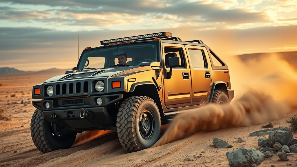 Powerful Hummer EV conquering rough desert terrain, sand and stones flying, dynamic vehicle action, golden hour, Sony FE 16-35mm f/2.8 GM lens