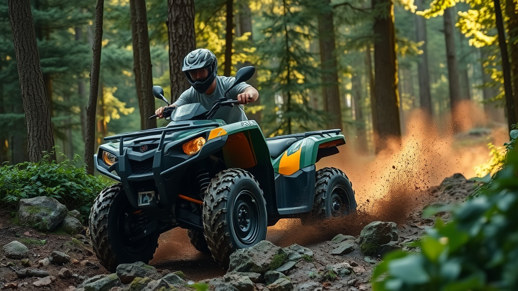 atv and utv terrain navigation forest trail rider focused maneuvering over rocks and mud
