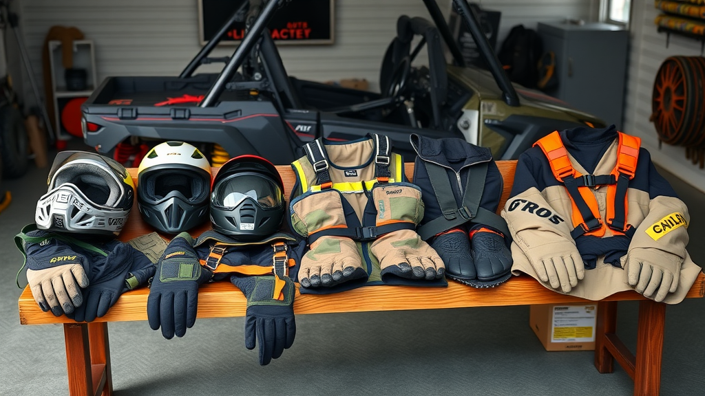 organized display of essential UTV safety gear including helmets gloves harnesses and protective clothing for utility terrain vehicles