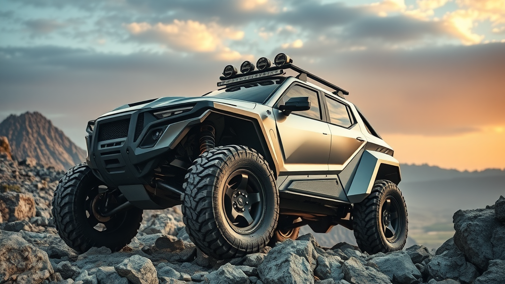 dynamic futuristic all-terrain vehicle conquering extreme rocky terrain – all terrain vehicle tech, rugged mountain landscape, high-fidelity detail