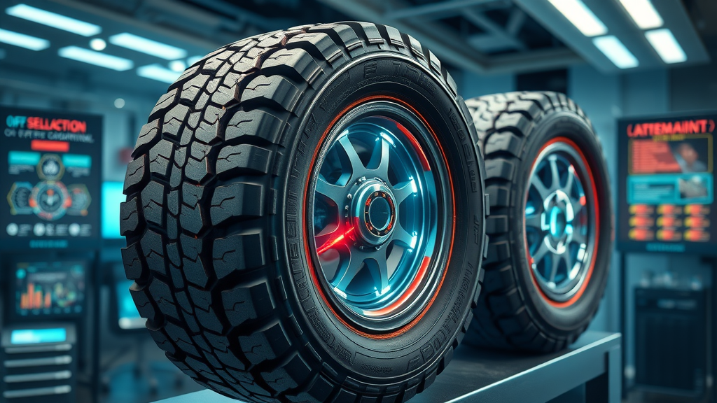 collage of top off road tire advancements like adaptive treads, self-healing materials, pressure gauges, sidewall armor