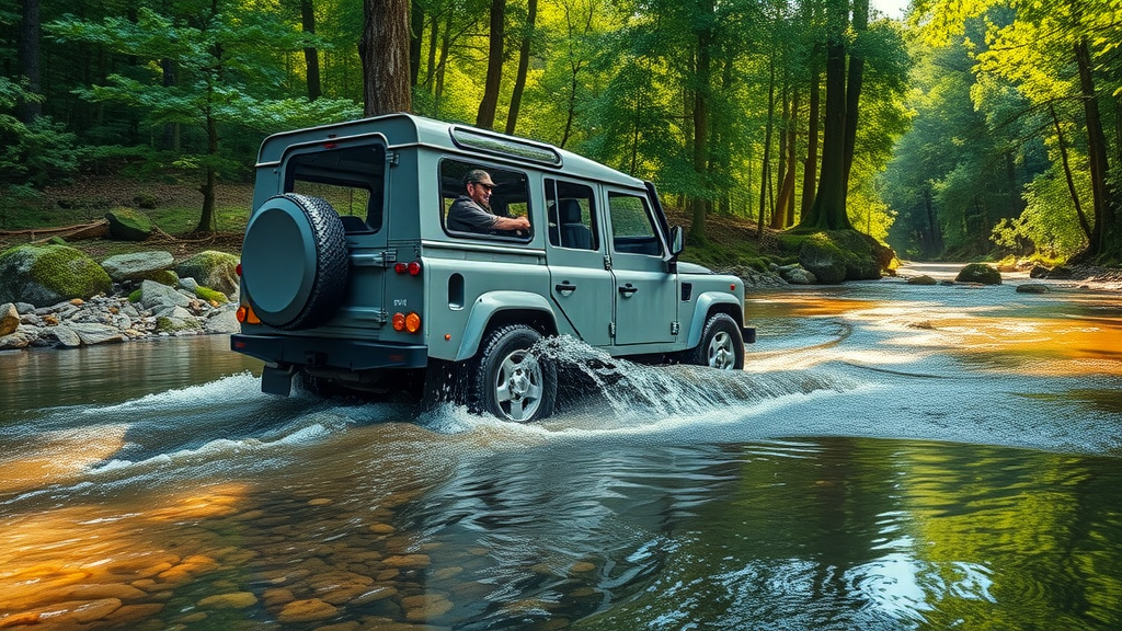 Off-road SUV crossing shallow stream, carefully handled by driver, navigating with precision through lush green forest, overcoming off-road hazards