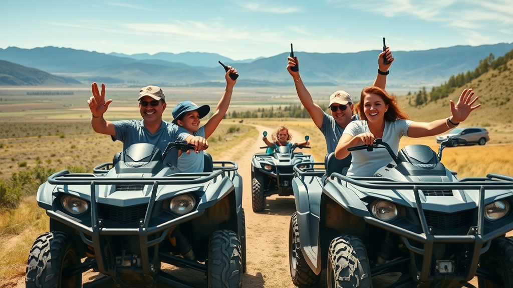 friendly UTV riders, families and friends in side-by-side vehicles, communicating on an open atv trail valley with distant mountains