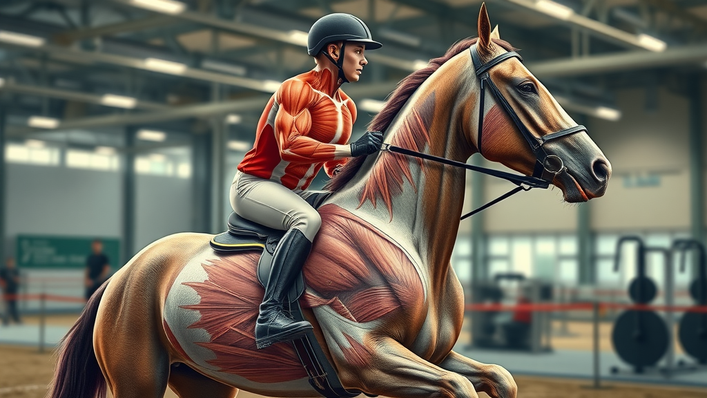 anatomical image comparing muscles used in horseback riding and other sports, focusing on horseback riding exercises