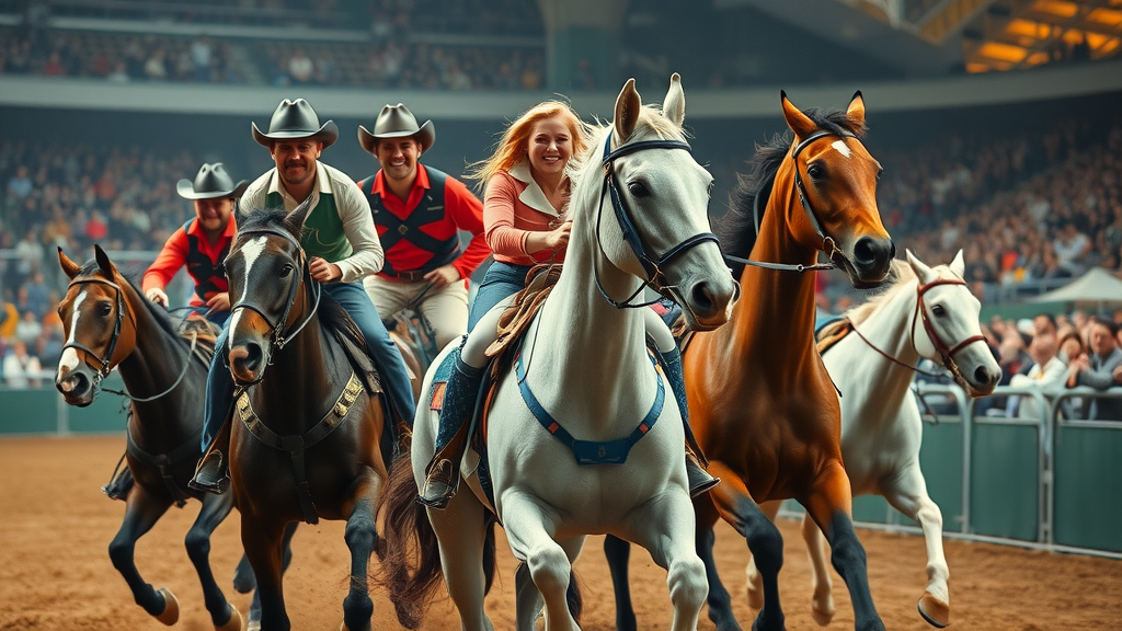 vaulting athlete, polo players, dynamic equestrian disciplines collage, action and excitement