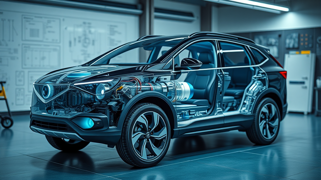 Modern electric SUV with dual motors, technical cross-section view highlighting drivetrain and battery, futuristic workshop, Canon RF 24-70mm lens