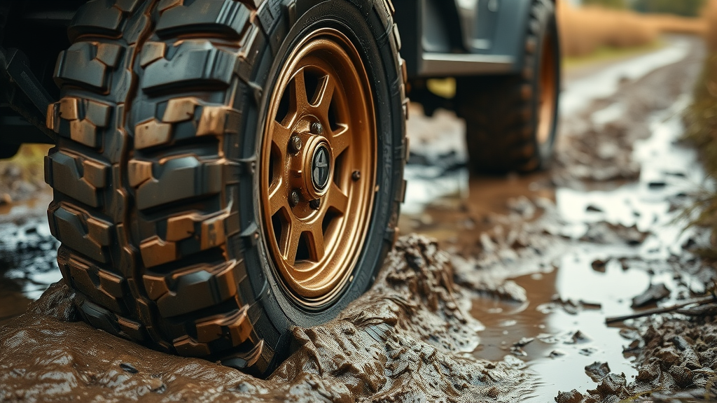 all-terrain vehicle wheel with intelligent sensors on muddy surface – all terrain vehicle tech, sensors active, water splashing, muddy wetlands, detailed closeup