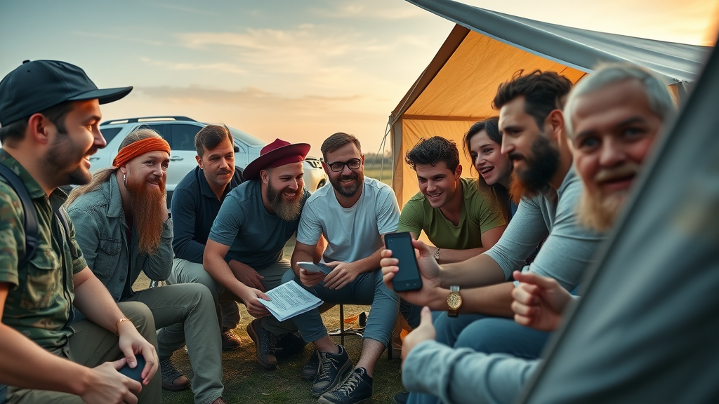 group of off-road enthusiasts planning next adventure with GPS devices and maps at outdoor campsite using off road navigation technology