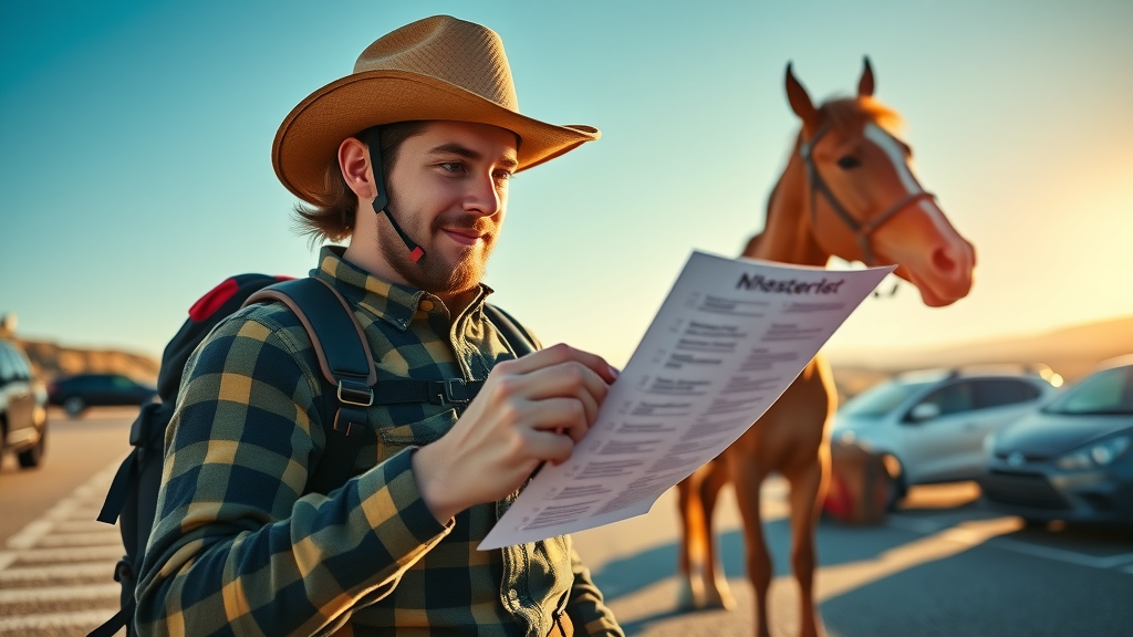 Trail riding tips: Rider checking off a safety checklist at trailhead with horse and gear
