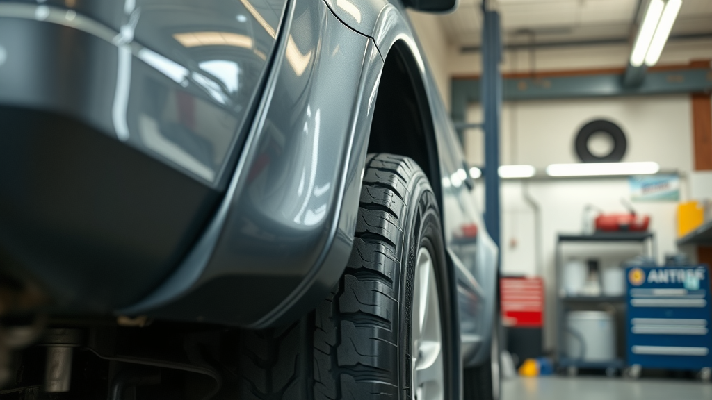 off-road vehicle maintenance inspection, clean 4x4 SUV, mechanic checking tires in well-lit garage, tools and grease stains visible