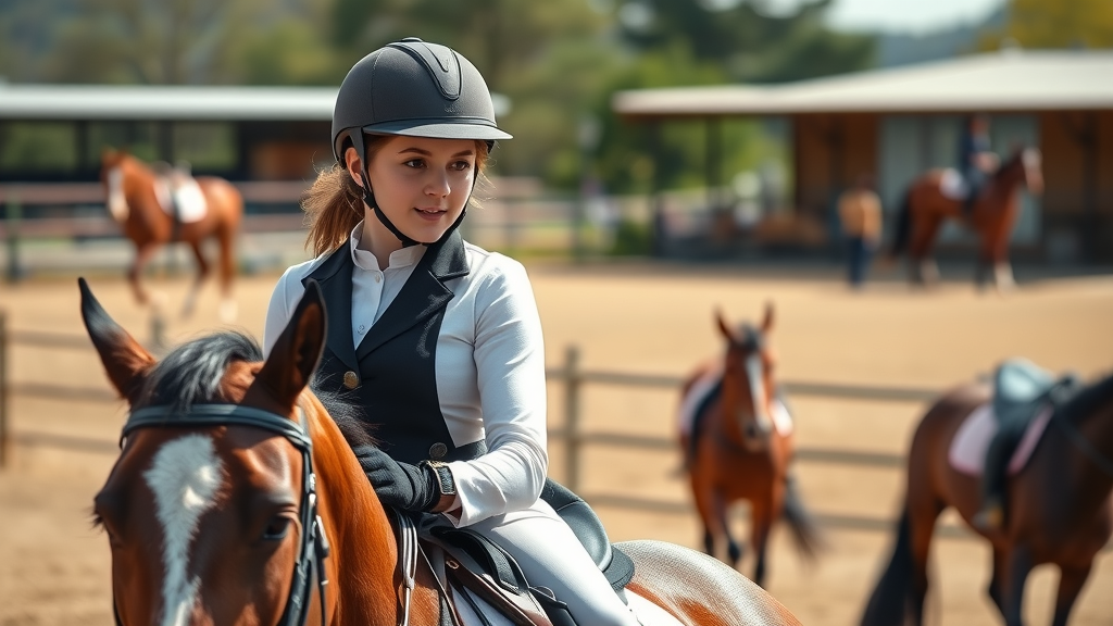 Confident equestrian rider demonstrating textbook riding posture in an outdoor paddock with horses and equipment, displaying the key elements of riding posture techniques.