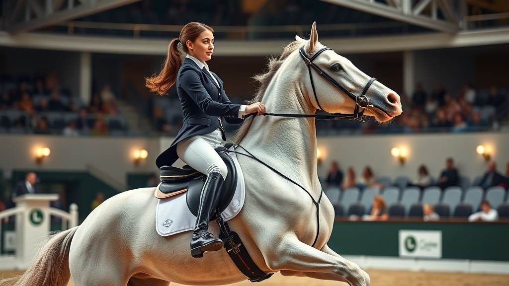 Confident advanced rider in competitive attire, showing advanced riding skills and total control during dressage in a competition arena