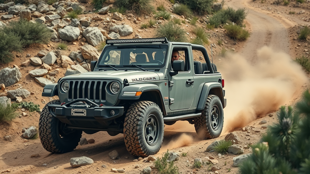 Striking off-road vehicle on a rugged trail, confident driver, navigating rocky terrain, vehicle tackling uneven surfaces, deep earth tones, natural daylight