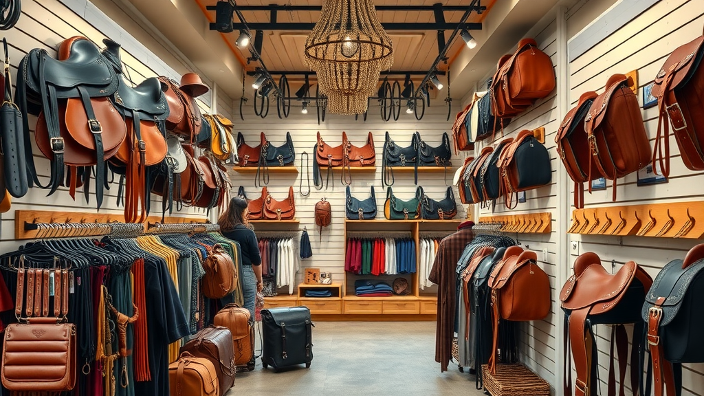 horse equipment: Assortment of premium branded horse tack and equipment in a bright, welcoming equestrian shop, photorealistic, branded logos visible.
