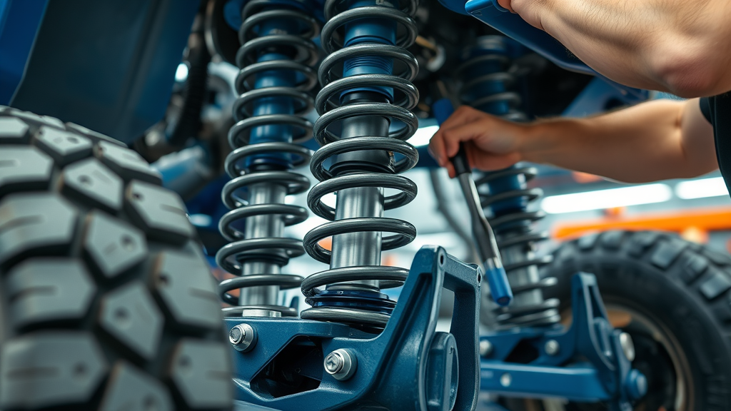 off road vehicle performance suspension being upgraded - technician installing lift kit in well-lit shop