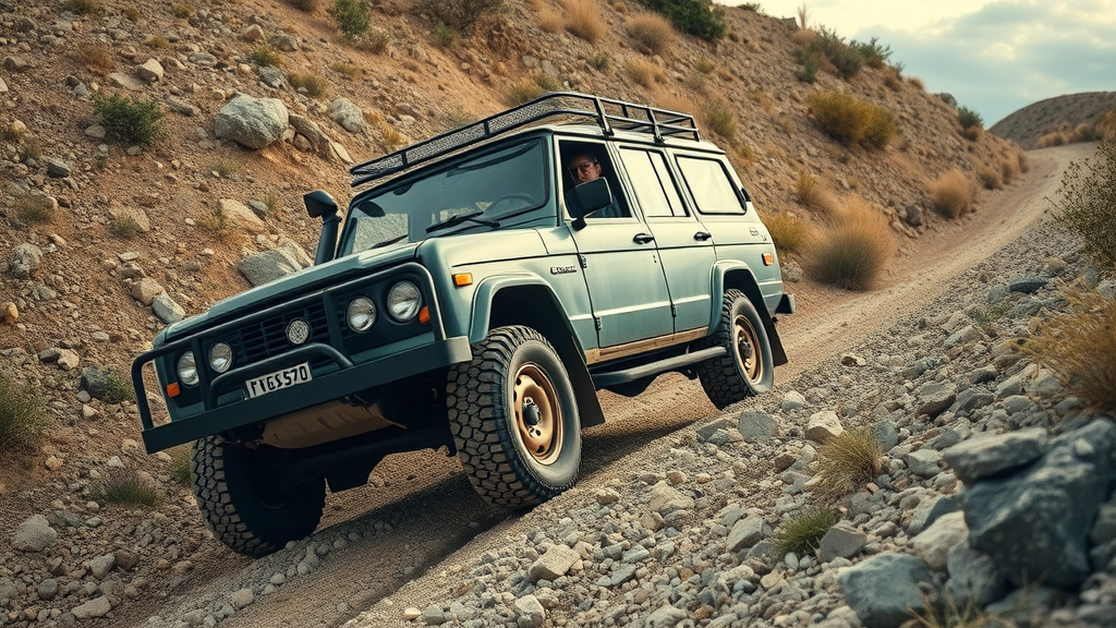 Powerful 4x4 vehicle climbing a steep rugged hill, determined driver, dramatic hill environment with loose rocks, highly detailed, tires gripping terrain