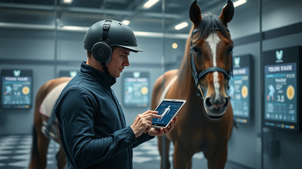 Modern equestrian training setup with posture analysis technology, mirrors, and digital tracking beside a horse in a tack room.