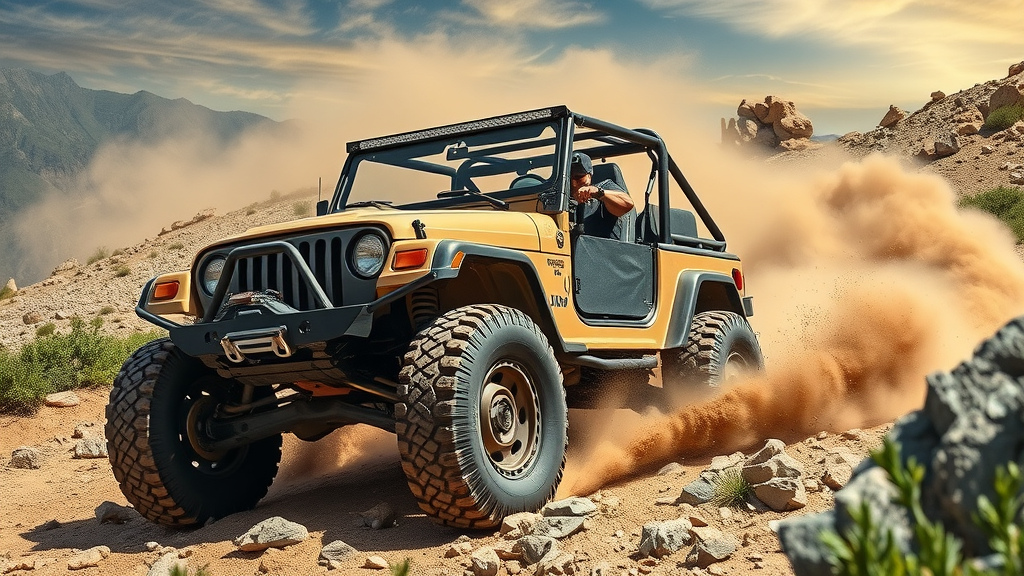 dynamic off road vehicle performance on rugged terrain - determined driver, tires kicking up dirt - photorealistic mountain background