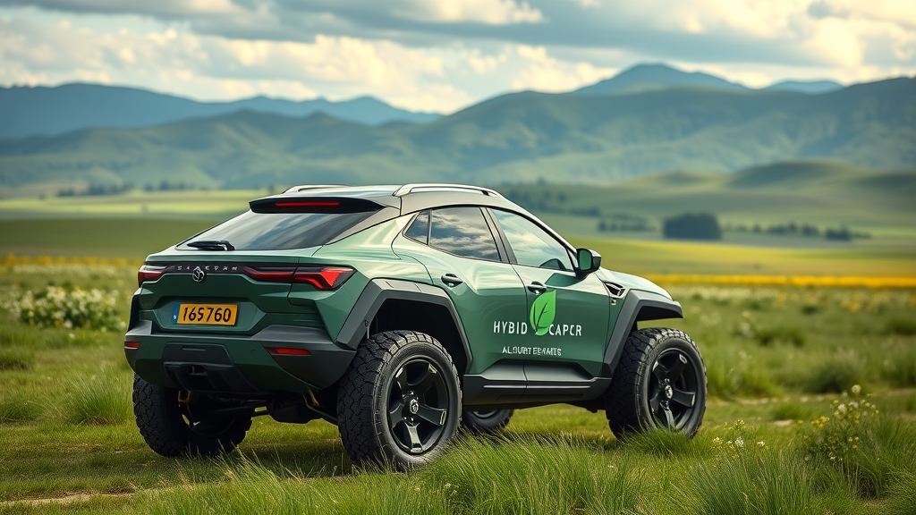 sleek hybrid all-terrain vehicle with leaf emblem on green plain – all terrain vehicle tech, environmentally conscious, wildflowers, panoramic view, olive green