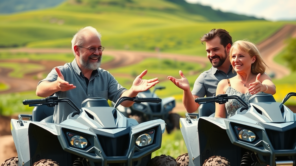 Satisfied owners demonstrating electric off road vehicles, smiling, gesturing outdoors, cartoon style, green hills, mud tracks, Canon EF 50mm f/1.8 STM