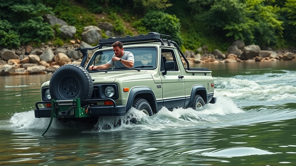 SUV with snorkel for water fording, carefully crossing river, essential off-roading tip