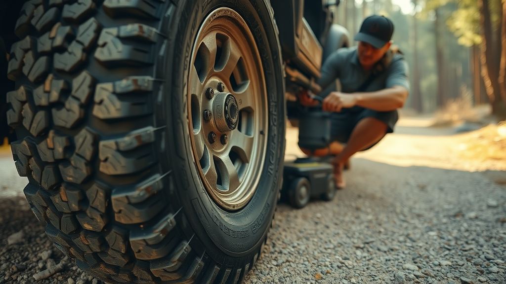 Off-road tire close-up, driver using portable air compressor, tire pressure adjustment for off-roading tips