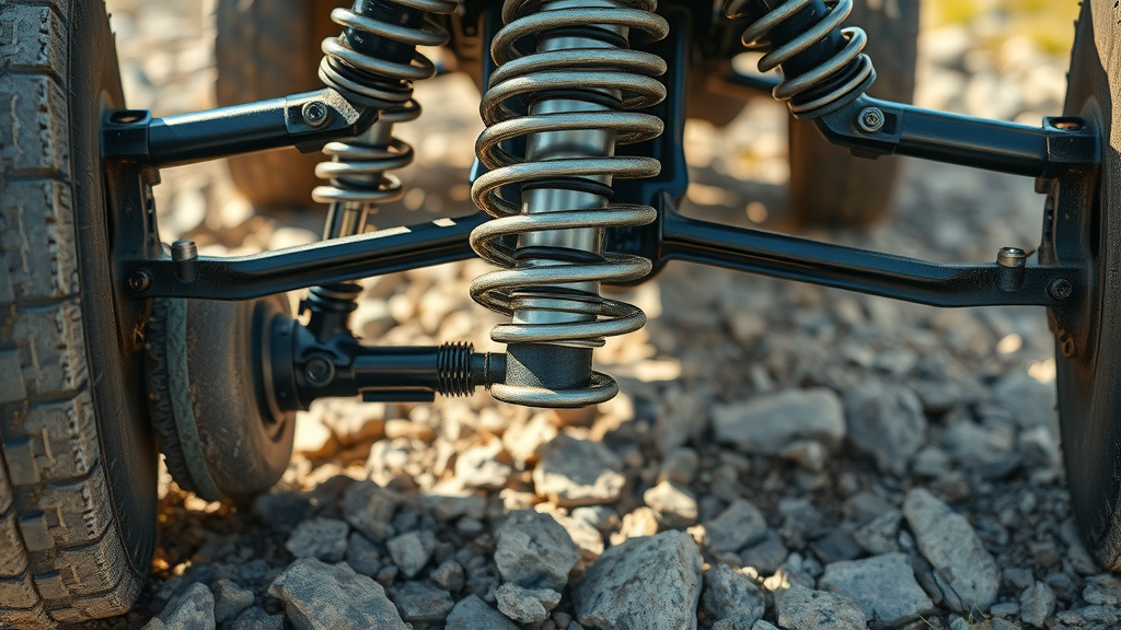 high-tech suspension system being tested on rocky uneven terrain, featuring advanced materials for tough terrain, a hallmark of off road vehicle tech inovations
