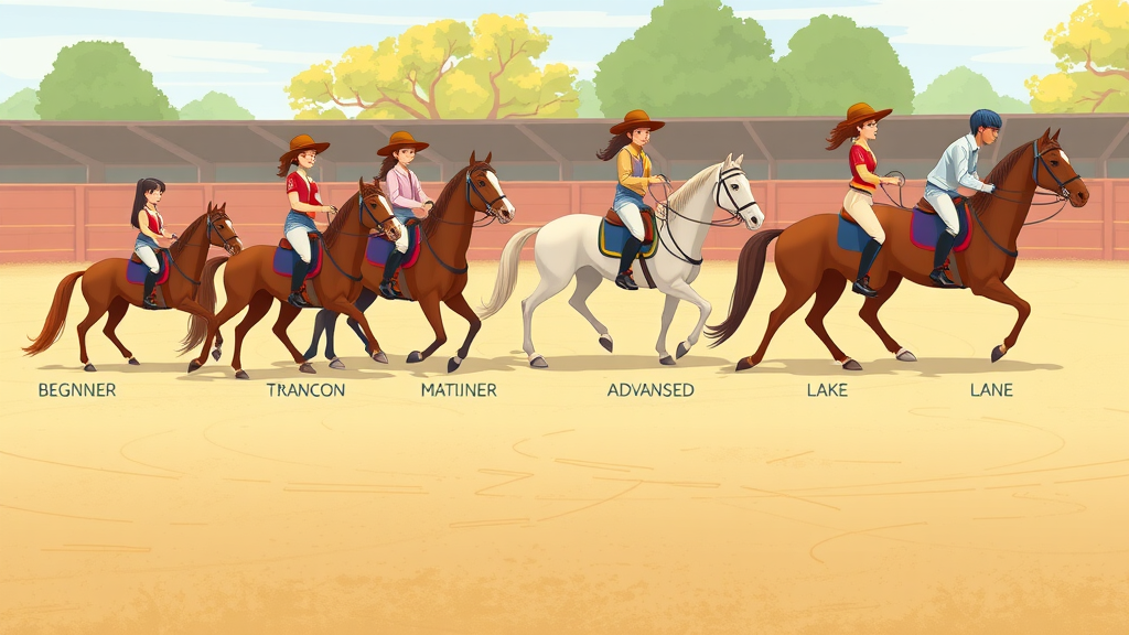 Illustrative progression of advanced riding skills, showing stages from beginner to advanced rider in a stylized outdoor arena