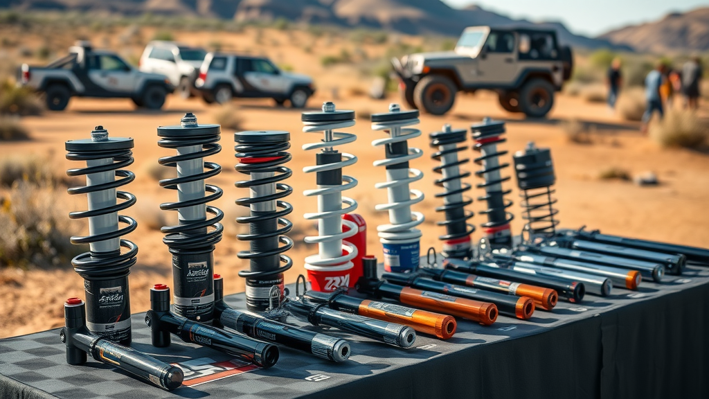 premium lineup of branded off road suspension kits displayed outdoors for off road suspension systems buyers