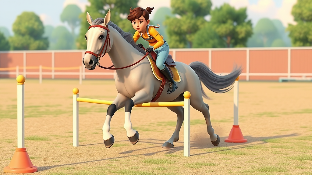 Cartoon showing rider balancing horse over ground poles and transitions for improved riding balance.